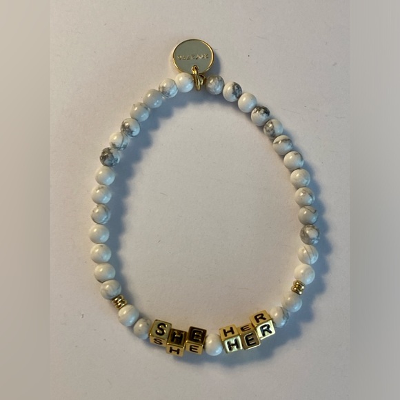 Little Words Project Bracelet - She/Her & He/Him - Black & White Beaded Stretch - Picture 4 of 8